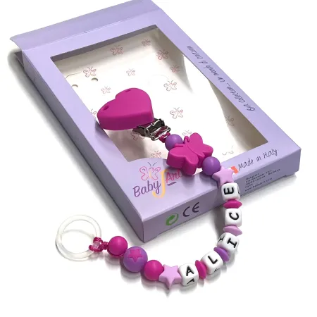 Babyjart Chaîne de tétine en silicone avec nom, crochet / adaptateur de tétine MAM et CHICCO 2