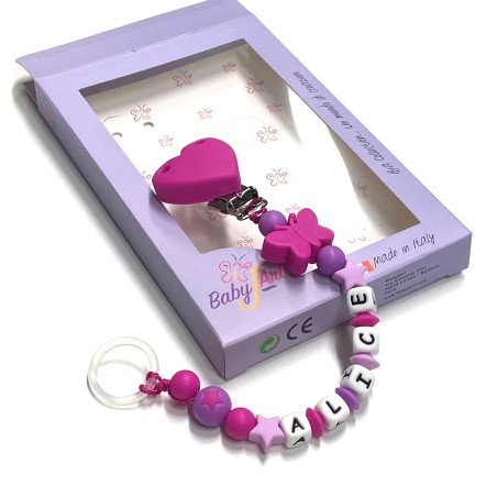 Babyjart Cadeia de chupeta de silicone com nome, adaptador / gancho de chupeta MAM e modelo CHICCO