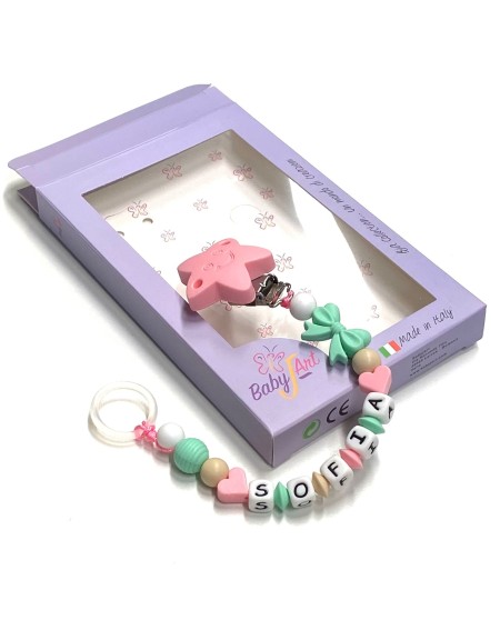 Babyjart silicone dummy chain with name, hook / adapter pacifier MAM and CHICCO