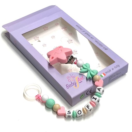 Babyjart Cadena de silicona para chupete con nombre, gancho / adaptador para chupete mam y modelo de chicco