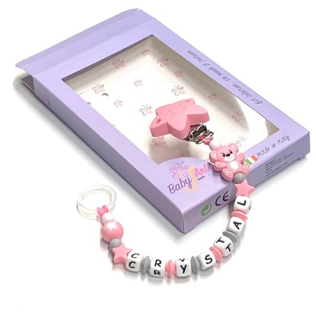 Babyjart Chaîne de tétine en silicone avec nom, crochet / adaptateur de tétine MAM et CHICCO