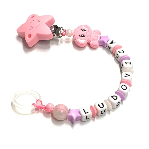 Babyjart Chaîne de tétine en silicone avec nom, crochet / adaptateur de tétine MAM et CHICCO