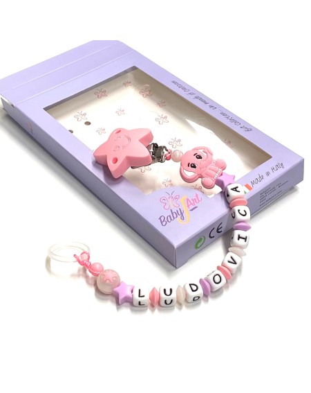 Babyjart silicone dummy chain with name, hook / adapter pacifier MAM and CHICCO