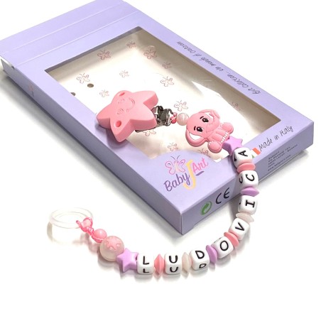 Babyjart Chaîne de tétine en silicone avec nom, crochet / adaptateur de tétine MAM et CHICCO