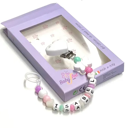 Babyjart Catenella portaciuccio silicone con nome, gancio/adattatore ciuccio MAM e CHICCO 2