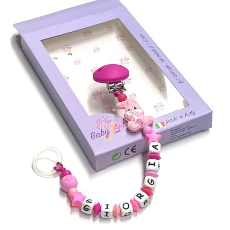 Babyjart Chaîne de tétine en silicone avec nom, crochet / adaptateur de tétine MAM et CHICCO