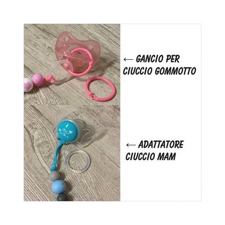 Babyjart Catenella portaciuccio silicone con nome, gancio/adattatore ciuccio MAM e CHICCO