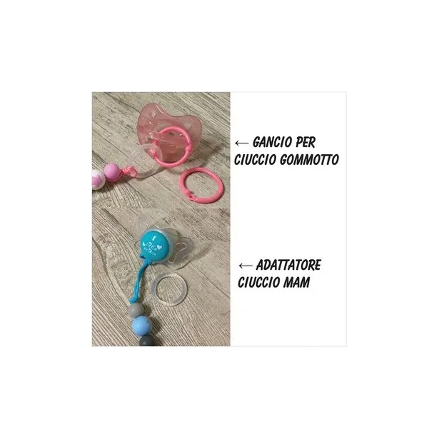 Babyjart Chaîne de tétine en silicone avec nom, crochet / adaptateur de tétine MAM et CHICCO