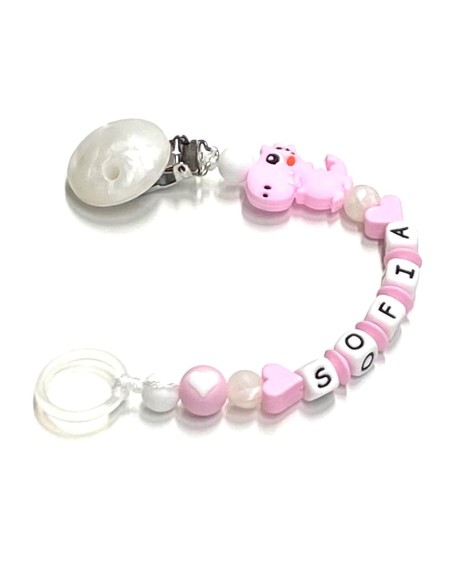 Babyjart Cadeia de chupeta de silicone com nome, adaptador / gancho de chupeta MAM e modelo CHICCO