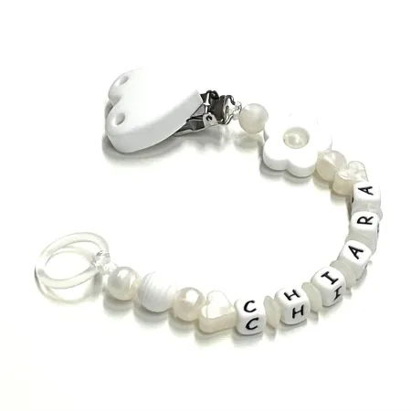 Babyjart Chaîne de tétine en silicone avec nom, crochet / adaptateur de tétine MAM et CHICCO