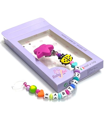 Babyjart Chaîne de tétine en silicone avec nom, crochet / adaptateur de tétine MAM et CHICCO