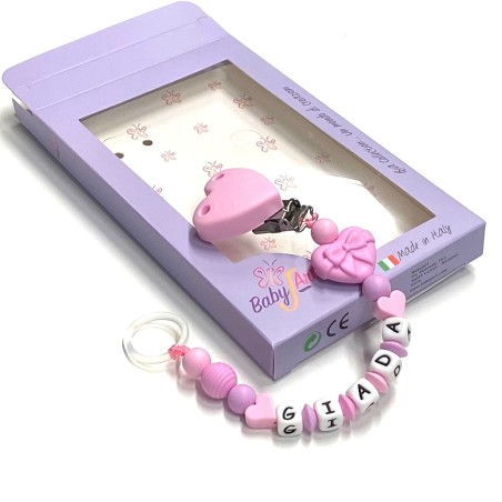 Babyjart silicone dummy chain with name, hook / adapter pacifier MAM and CHICCO