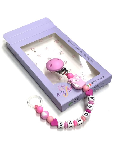 Babyjart Cadena de silicona para chupete con nombre, gancho / adaptador para chupete mam y modelo de chicco