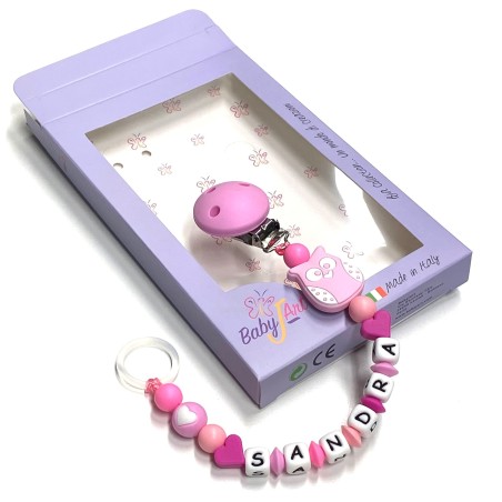 Babyjart Cadena de silicona para chupete con nombre, gancho / adaptador para chupete mam y modelo de chicco