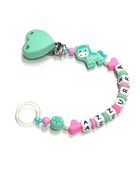 Babyjart Cadena de silicona para chupete con nombre, gancho / adaptador para chupete mam y modelo de chicco