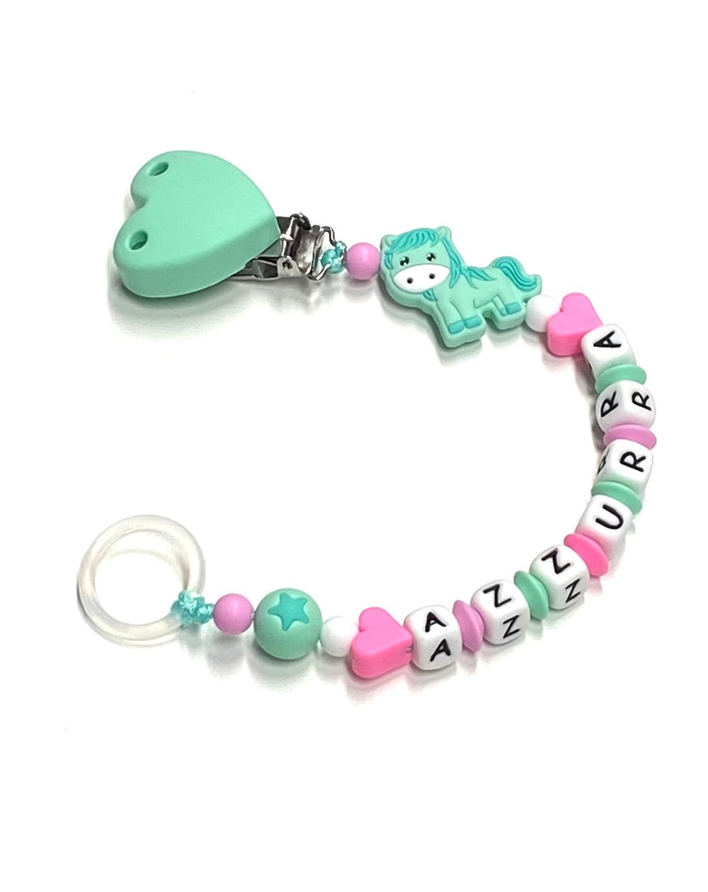 Babyjart Cadena de silicona para chupete con nombre, gancho / adaptador para chupete mam y modelo de chicco