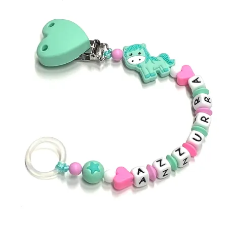 Babyjart Chaîne de tétine en silicone avec nom, crochet / adaptateur de tétine MAM et CHICCO