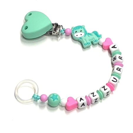 Babyjart Cadena de silicona para chupete con nombre, gancho / adaptador para chupete mam y modelo de chicco