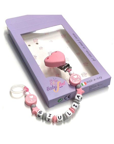 Babyjart Chaîne de tétine en silicone avec nom, crochet / adaptateur de tétine MAM et CHICCO