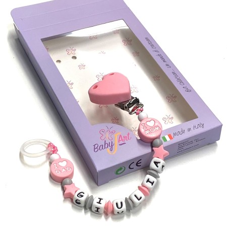 Babyjart Chaîne de tétine en silicone avec nom, crochet / adaptateur de tétine MAM et CHICCO