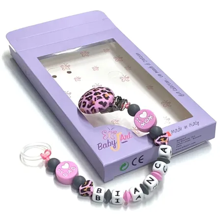 Babyjart Chaîne de tétine en silicone avec nom, crochet / adaptateur de tétine MAM et CHICCO