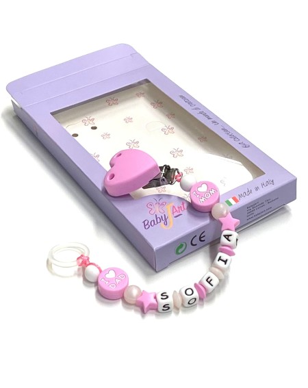 Babyjart Cadena de silicona para chupete con nombre, gancho / adaptador para chupete mam y modelo de chicco