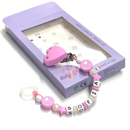 Babyjart Chaîne de tétine en silicone avec nom, crochet / adaptateur de tétine MAM et CHICCO