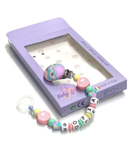 Babyjart Chaîne de tétine en silicone avec nom, crochet / adaptateur de tétine MAM et CHICCO