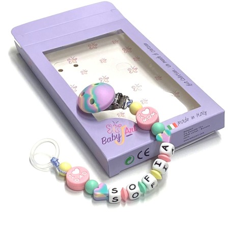 Babyjart Chaîne de tétine en silicone avec nom, crochet / adaptateur de tétine MAM et CHICCO