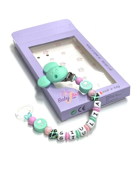 Babyjart Cadena de silicona para chupete con nombre, gancho / adaptador para chupete mam y modelo de chicco