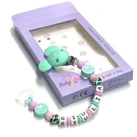 Babyjart Cadena de silicona para chupete con nombre, gancho / adaptador para chupete mam y modelo de chicco