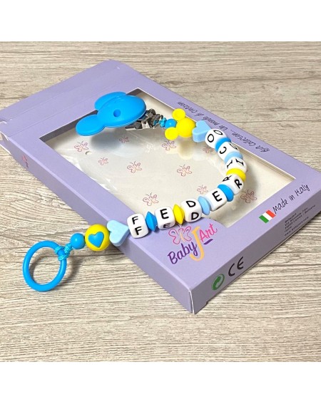 Babyjart Chaîne de tétine en silicone avec nom, crochet / adaptateur de tétine MAM et CHICCO