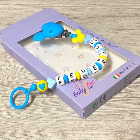 Babyjart Chaîne de tétine en silicone avec nom, crochet / adaptateur de tétine MAM et CHICCO