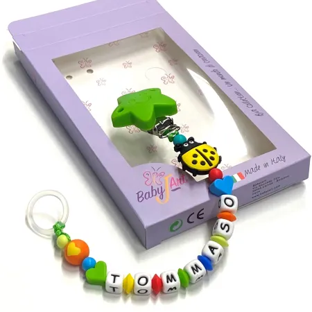 Babyjart Chaîne de tétine en silicone avec nom, crochet / adaptateur de tétine MAM et CHICCO 2