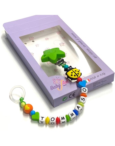 Babyjart Cadena de silicona para chupete con nombre, gancho / adaptador para chupete mam y modelo de chicco