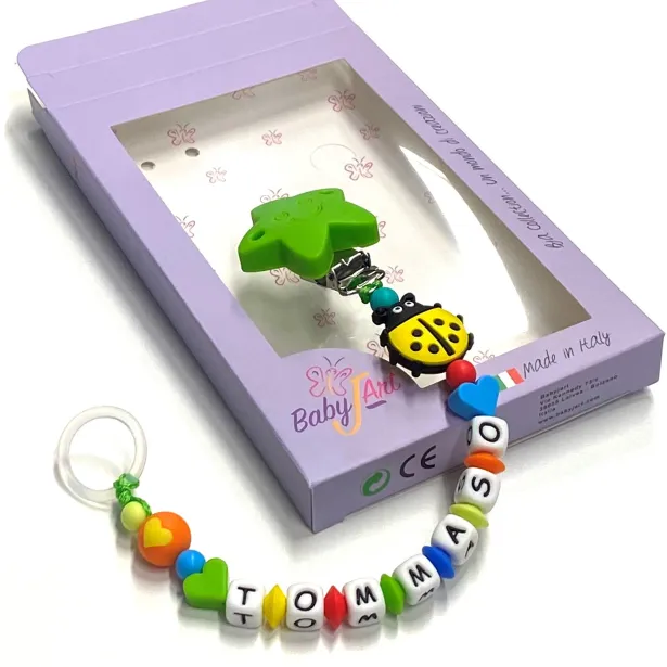 Babyjart Chaîne de tétine en silicone avec nom, crochet / adaptateur de tétine MAM et CHICCO