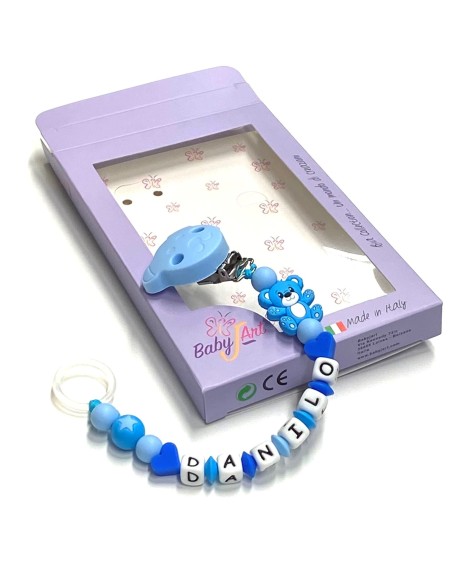 Babyjart Chaîne de tétine en silicone avec nom, crochet / adaptateur de tétine MAM et CHICCO