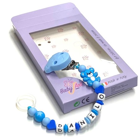 Babyjart Chaîne de tétine en silicone avec nom, crochet / adaptateur de tétine MAM et CHICCO