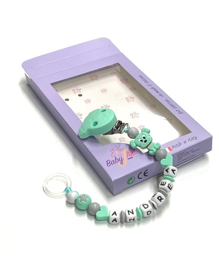 Babyjart Silikonschnullerkette mit Name, Haken / Adapter Schnuller MAM und CHICCO