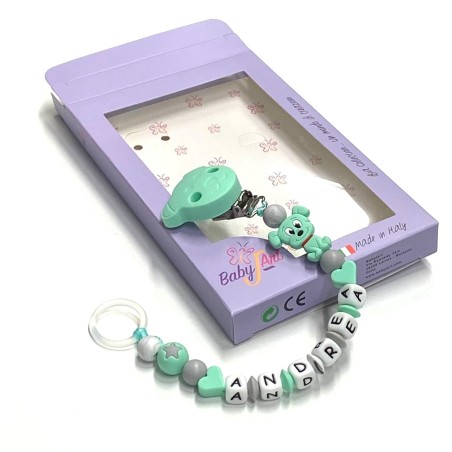 Babyjart Silikonschnullerkette mit Name, Haken / Adapter Schnuller MAM und CHICCO