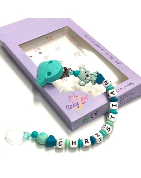 Babyjart Silikonschnullerkette mit Name, Haken / Adapter Schnuller MAM und CHICCO