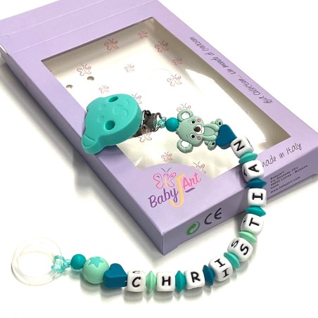 Babyjart Silikonschnullerkette mit Name, Haken / Adapter Schnuller MAM und CHICCO