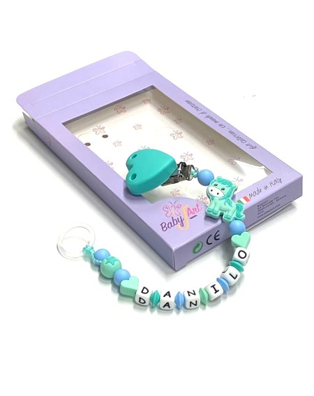 Babyjart Chaîne de tétine en silicone avec nom, crochet / adaptateur de tétine MAM et CHICCO