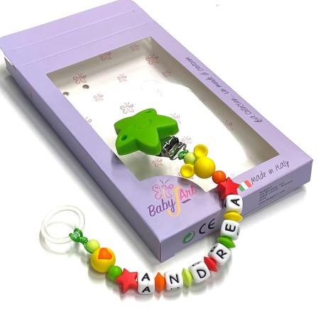 Babyjart Chaîne de tétine en silicone avec nom, crochet / adaptateur de tétine MAM et CHICCO