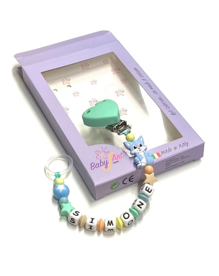 Babyjart Chaîne de tétine en silicone avec nom, crochet / adaptateur de tétine MAM et CHICCO