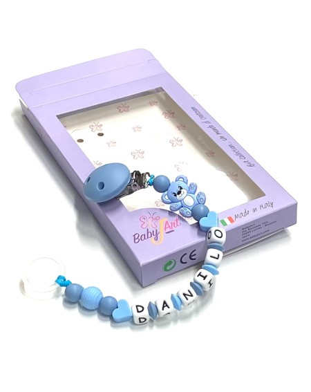 Babyjart Chaîne de tétine en silicone avec nom, crochet / adaptateur de tétine MAM et CHICCO