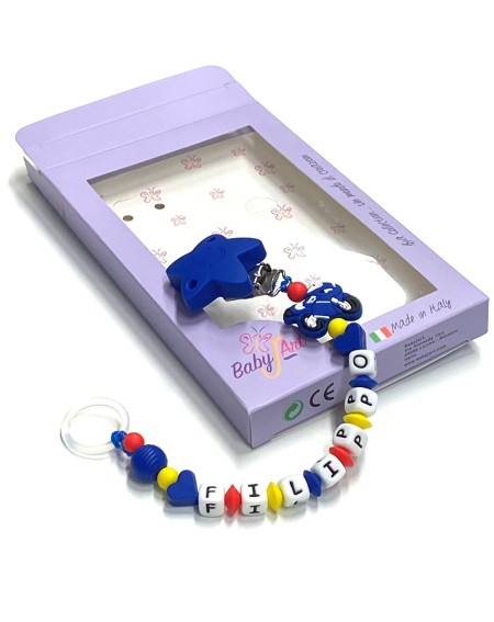 Babyjart Catenella portaciuccio silicone con nome, gancio/adattatore ciuccio MAM e CHICCO