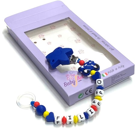 Babyjart Chaîne de tétine en silicone avec nom, crochet / adaptateur de tétine MAM et CHICCO