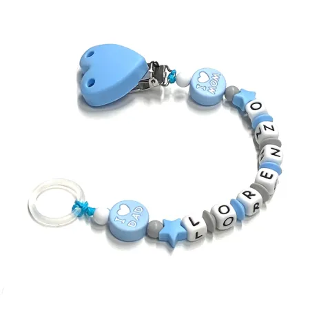 Babyjart Chaîne de tétine en silicone avec nom, crochet / adaptateur de tétine MAM et CHICCO