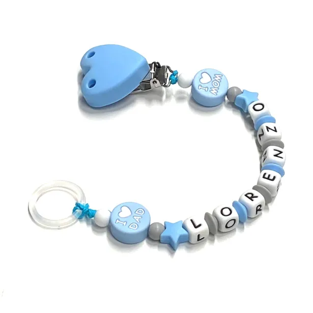 Babyjart Chaîne de tétine en silicone avec nom, crochet / adaptateur de tétine MAM et CHICCO